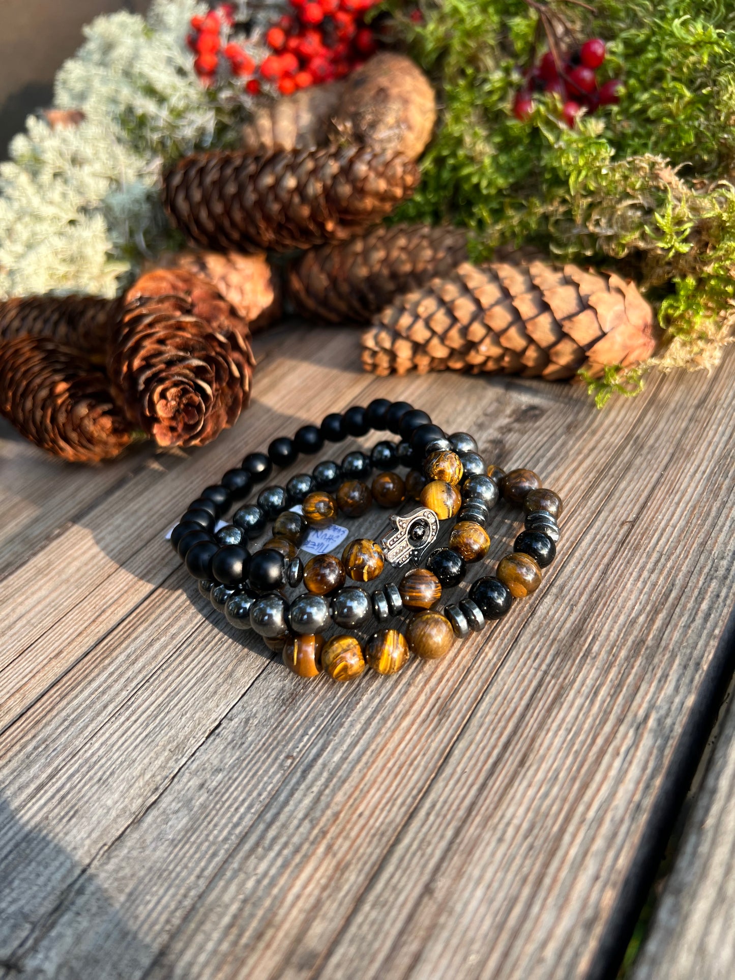Tigeröga, Shungit, svart Agat armband